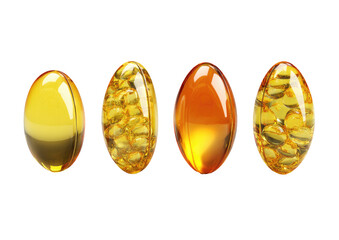 Four gel capsules, two translucent and two filled with small gel pills