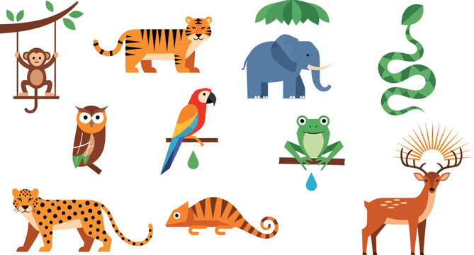 Minimalist flat vector forest and jungle animal icon set monkey tiger elephant snake parrot