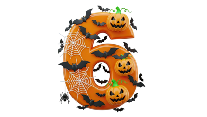 Halloween Number 6 with Pumpkins, Bats, Spiders, and Cobwebs