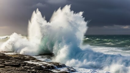 Obraz premium Powerful ocean waves crashing against rocky shore under dark cloudy sky, dramatic coastal scene with intense sea spray and stormy atmosphere