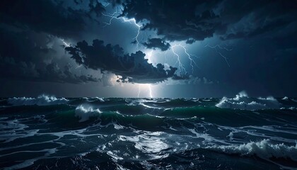 A dramatic ocean scene is illuminated by lightning strikes bursting through dark, ominous storm clouds. Waves crash