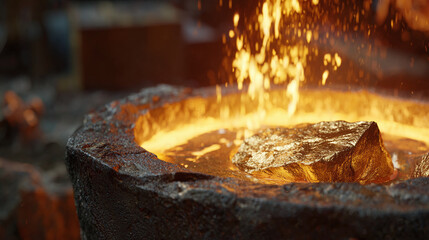Molten metal being poured into a vessel, with golden light reflecting 