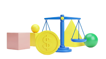 3D Balance Scale with Geometric Shapes and Dollar Coin
