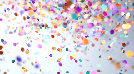 A vibrant cascade of colorful confetti fills the air, creating a festive atmosphere. The confetti includes circular and various shapes, contributing to the overall visual excitement