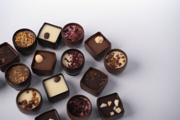 assorted artisanal chocolate bonbons arranged on a soft pale surface, featuring round and square shells filled with creamy ganache, white and dark centers, nuts, coffee bean and fruit shavings