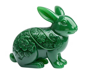 Polished jade rabbit zodiac medallion with floral engraving, isolate on white background
