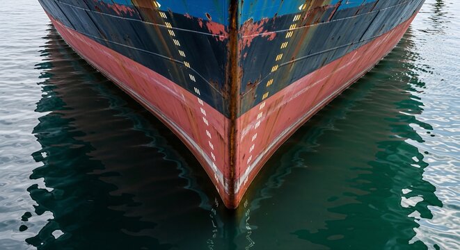 Close Up of Ship Bow with Draft Marks and Water Reflection in Green Coastal Water