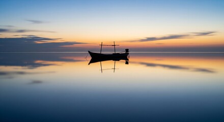 Symmetry Reflection of a Small Fishing Boat on Perfectly Still Water During Blue Hour Dusk