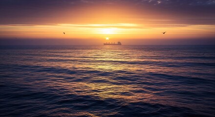 Obraz premium Distant Cargo Ship on Horizon Under Golden Evening Sky with Birds Flying Over Waves