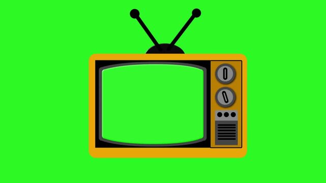 Animated yellow retro television with chroma key green screen display and background. Flat vector cartoon style TV set zooming in and wobbling for video editing overlay and compositing.
