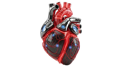 A futuristic mechanical heart with glowing blue lights and intricate red circulatory system on a black background
