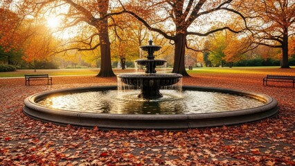 Serene autumn park scene with central fountain amidst vibrant fall foliage and sunlit trees in tranquil setting