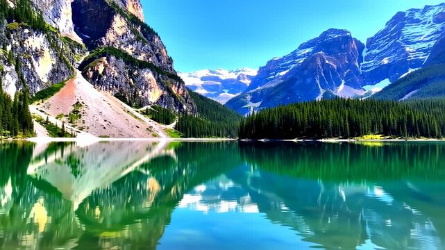 Serene mountain lake with mirrored reflections
