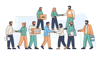 Diverse group of professionals collaborating and exchanging documents in a modern office setting from a front view