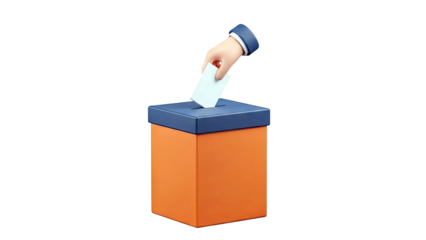 Hand casting vote into ballot box, 3D illustration
