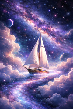 Serene sailboat voyage amidst a celestial sea of clouds and stars, sails filled with cosmic winds under the gaze of distant moons.