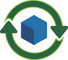 Exchange process cycle icon with geometric blue cube symbol