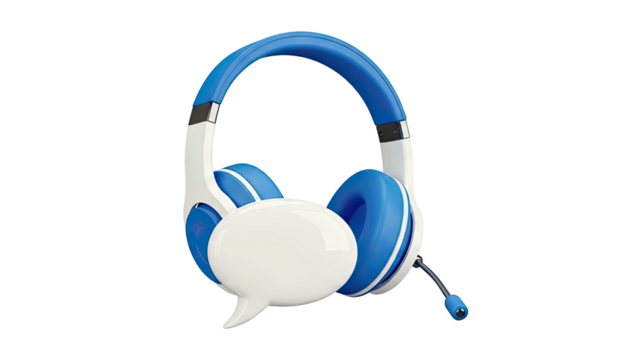 Blue and White Headphones with Speech Bubble - Powered by Adobe