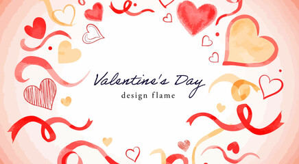 水彩タッチのハートとリボンが囲むバレンタイン背景フレーム｜赤・ピンク・オレンジのやさしい色合いと余白を活かしたロマンチックデザイン素材