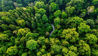 Aerial view of winding road through dense vibrant green summer forest canopy