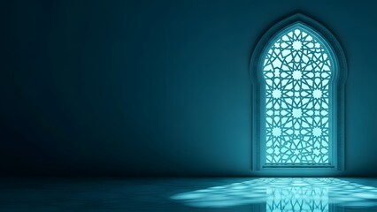 A blue illuminated ornate arched window on a dark wall with a shining light on the floor