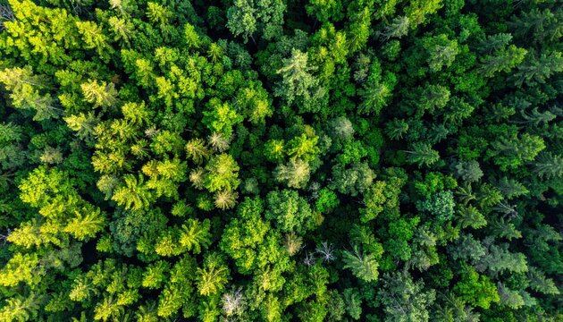Aerial view looking straight down onto a dense vibrant green mixed forest canopy - Powered by Adobe