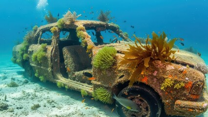 Submerged vintage car transformed into vibrant artificial reef with colorful corals and marine life underwater