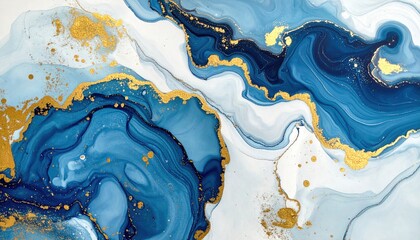 Rich blue and white abstract fluid art texture with shimmering gold accents