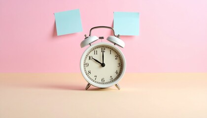 White alarm clock rests between two blank light blue sticky notes on desk