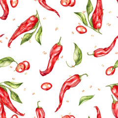 Hand-drawn illustration of a seamless pattern with red chili peppers and green leaves on a white background
