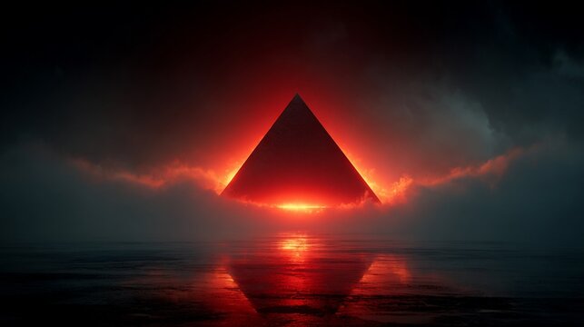 Glowing red pyramid rising from fog and water under dark, ominous sky