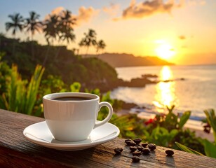 A cup of coffee on a wooden railing, with scattered beans, overlooking a sunset beach with palm trees and ocean
