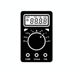 digital multimeter icon in flat line style, featuring LCD screen, central selector dial, and three connection ports. black and white electronic testing tool vector illustration isolated on white backg