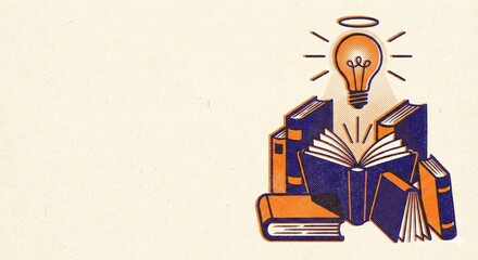 Stack of books with glowing lightbulb above in retro risograph print style, knowledge and idea concept