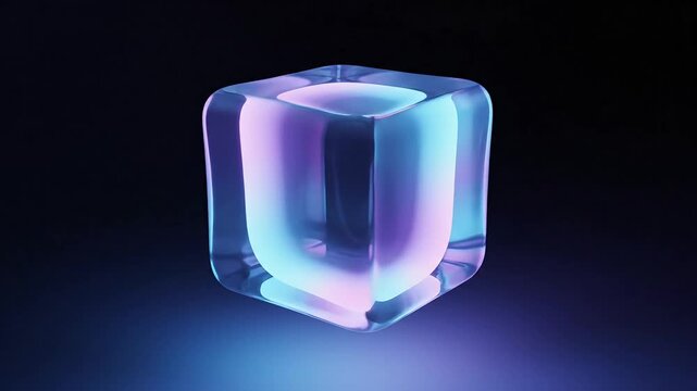 Illuminated Abstract Geometric Cube With Neon Light Reflections on a Dark Background