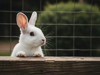 Obraz premium A white rabbit with perked up ears sitting on a wooden fence