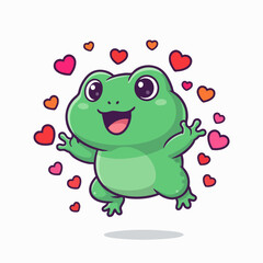 Obraz premium Cute Happy Cartoon Frog Character Surrounded by Flying Hearts