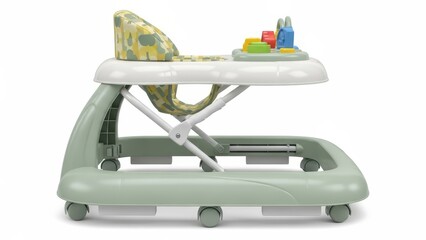 Modern green baby walker with interactive play tray for enhanced infant mobility and developmental activities