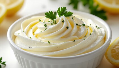 Creamy white dip in a white bowl with parsley garnish and lemon slices in the background, food photography 