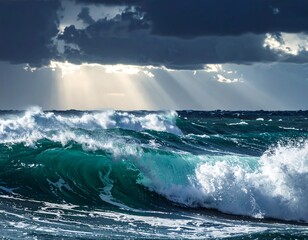 A dramatic seascape shows powerful waves crashing. Sunlight streams through dark, stormy clouds, creating an ethereal, dramatic scene