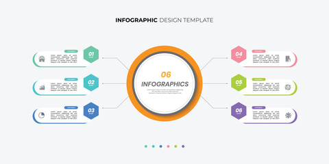 Modern circle chart infographic template with 6 options for presentations. Infographic 6 diagram chart template for business 6, options, presentation with diagram elements, infographics