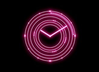 A neon pink clock face with concentric circles on a black background