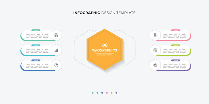 Modern hexagon chart infographic template with 6 options for presentations. Infographic 6 diagram chart template for business 6, options, presentation with diagram elements, infographics