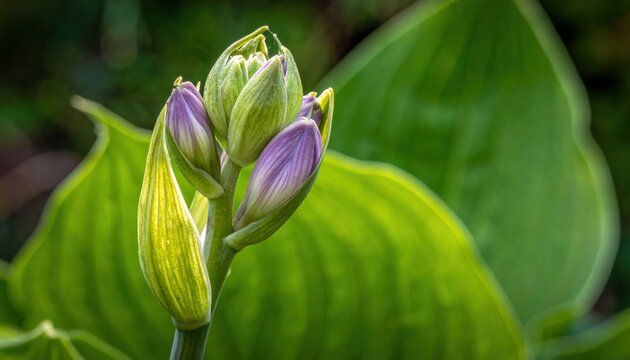Close Up Of Unbloomed Purple And Green Hosta Flower Buds With Large Green Leaves In Soft Sunlight