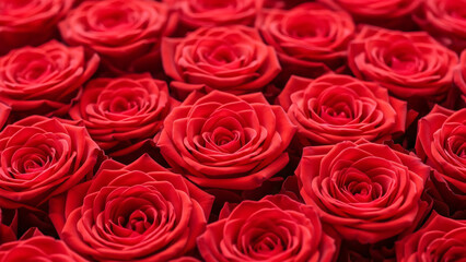 Obraz premium An elegant and romantic background of fresh, fully bloomed vibrant red roses, a perfect symbol of passion and deep affection