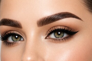Fototapeta premium Close up of perfectly groomed eyebrows and glamorous eye makeup with winged eyeliner and voluminous lashes