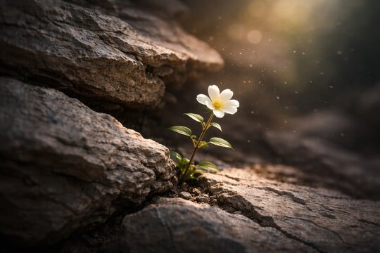 White flower grows through rock in sunlight symbolizing hope strength and beauty in hard places