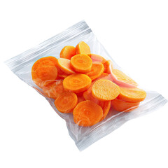 Sliced carrots in a plastic bag, round orange pieces, ready to eat