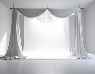 A serene white curtain gently billows in a minimalist white room with soft natural light