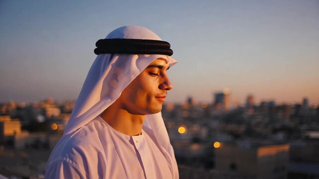 Smiling Young Muslim Man in Traditional Garb at Sunset Stock Video for Ramadan